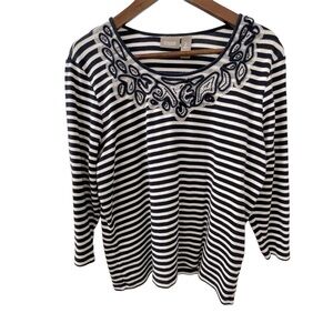 Chico’s Navy & White Stripes Embroidery 3/4 Sleeve Size Chico’s 2 (L)